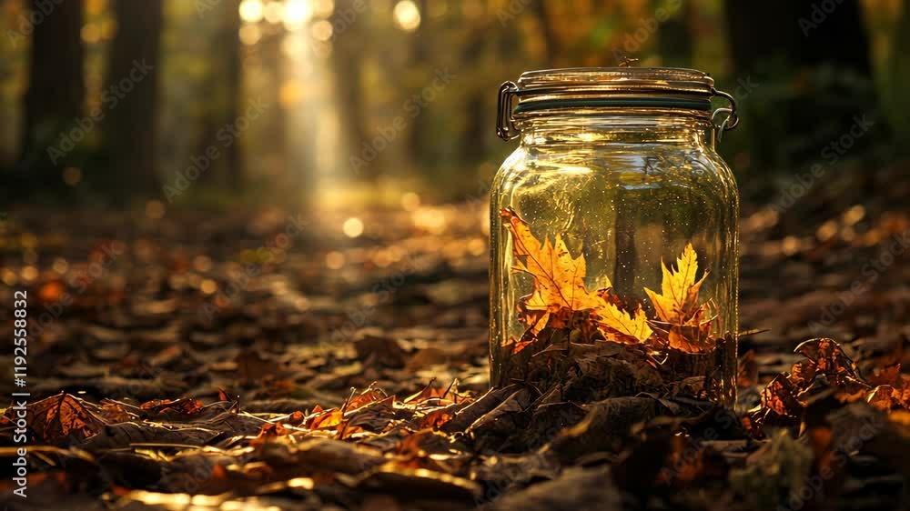 Poster capturing autumn leaves in a jar during golden hour in a tranquil forest setting