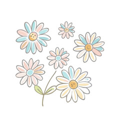 A colorful arrangement of whimsical flowers featuring various sizes and pastel colors, each with a unique button center.