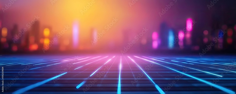 Poster minimal symmetry idea. futuristic city skyline with vibrant neon lights and grid pattern in the fore