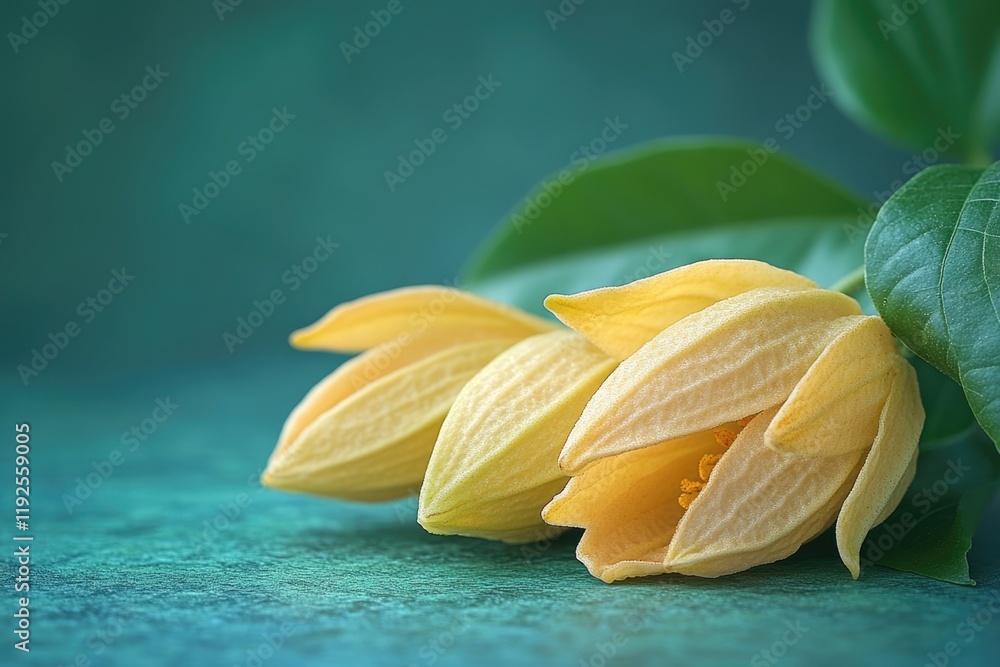 Poster a single flower sitting on a table with a shallow depth of field, great for showcasing textures and 