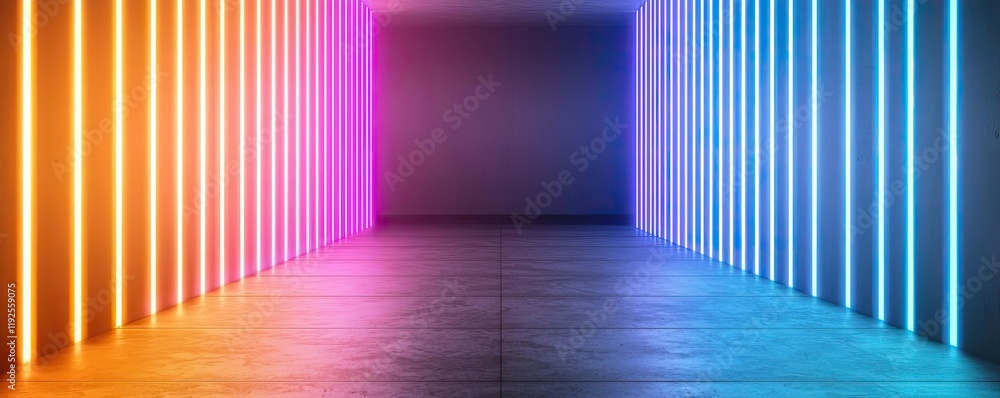 Poster minimal symmetry idea. a modern corridor illuminated with colorful neon lights creating a vibrant at