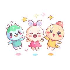 Three cheerful cartoon characters stand together, each displaying vibrant colors and playful expressions, radiating joy and friendship.