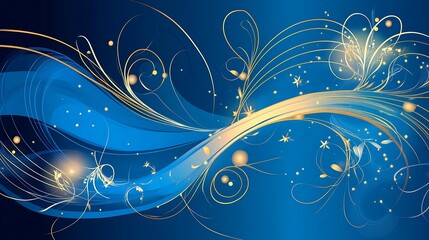 Abstract Blue and Gold Swirling Floral Design