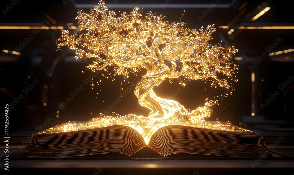 Aufkleber golden tome unveiling a luminous tree, an enchanting scene where a vibrant tree emerges from the pag