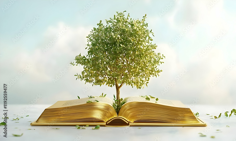 Poster golden tome unveiling a luminous tree, symbolizing knowledge and growth, surrounded by an aura of li
