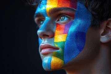 A detailed shot of someone's face with elaborate makeup or paint applied