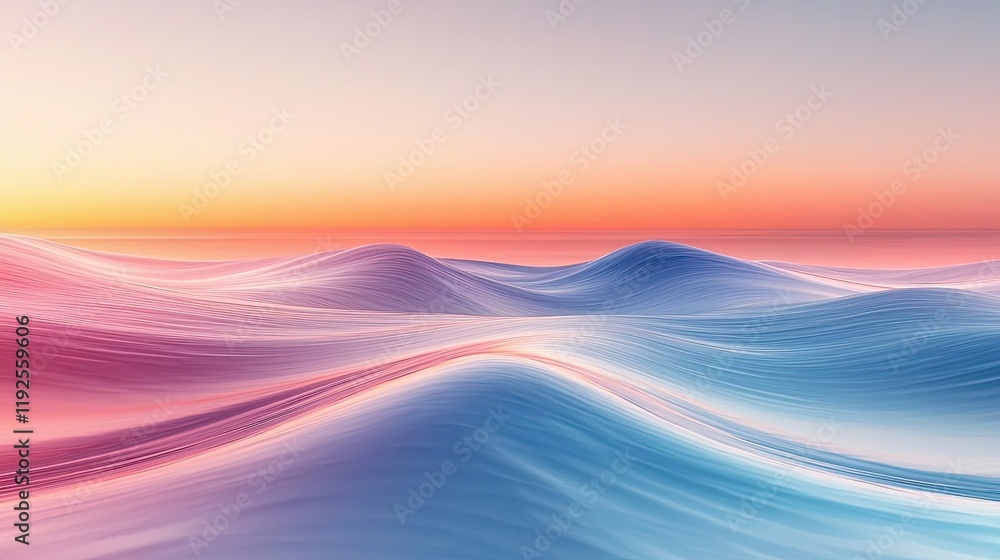 Poster symmetry gradient concept. a serene view of smooth waves under a colorful sunset sky, evoking calm a