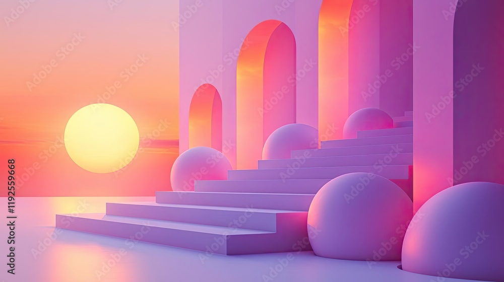 Poster symmetry gradient concept. a mesmerizing sunset scene with abstract shapes and soft pastel colors il