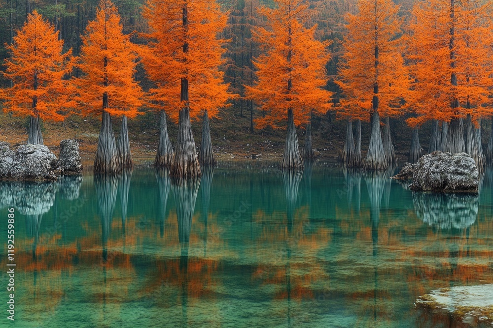 Poster a group of trees standing in the water, perfect for environmental or nature-related uses