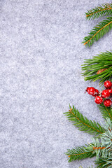 Sprig of pine branches with red berries displayed on a soft gray background ideal for holiday decoration or seasonal crafts