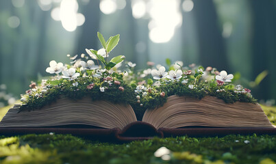Enchanted Book Opening to a Hidden Realm, an ancient tome lies open, glowing with mystical symbols, revealing a vibrant landscape beyond. © Surachate