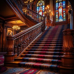 Obraz premium Grand Staircase with Stained Glass Windows