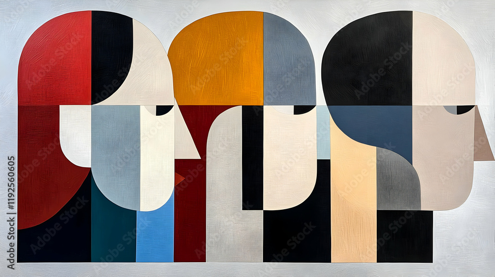 Poster abstract cubist composition, vibrant overlapping shapes create a dynamic interplay of color and form
