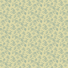 Classic seamless botanical pattern with blue-green floral vines on a pale yellow background, ideal for wallpaper, textiles, heritage designs, and vintage home decor.