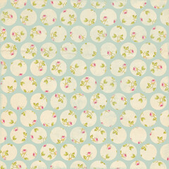 Soft blue seamless polka dot pattern featuring floral circles with pink roses, perfect for romantic textiles, baby girl decor, wedding stationery, and charming designs.