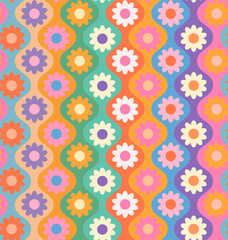 retro daisy happy flower power hippie blooms in ogee seamless pattern in rainbow colors