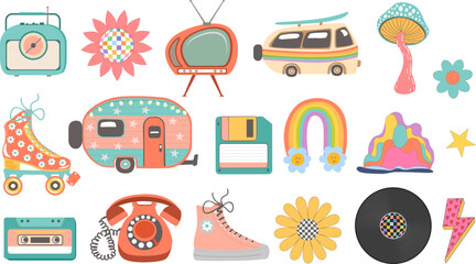 retro vintage hippie happy flower power times objects , vector illustration