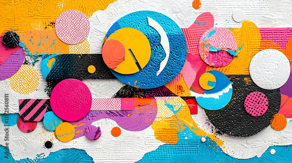 Poster cubist collage of torn paper textures, an intricate blend of shapes and colors creating a dynamic vi