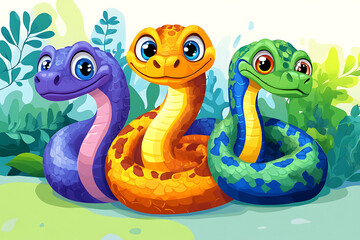 Obraz premium Colorful cartoon snakes with expressive eyes in a vibrant, playful setting.
