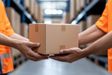 Two workers in orange vests exchange a cardboard box in a warehouse, highlighting the logistics and delivery process.
