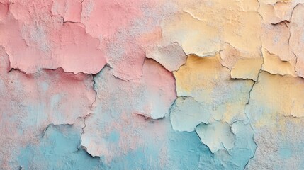 Fototapeta premium Colorful peeling paint wall with weathered texture in pink, blue, and yellow hues