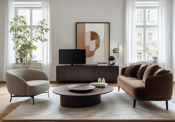 Fototapeta premium A modern living room with minimalist furniture, including an armchair and sofa in brown fabric, a coffee table, a TV stand made of solid wood and metal, decorative plants on the wall