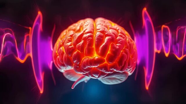 Brainwave, brain with vibrant sound waves in deep and light shades of purple flowing around it