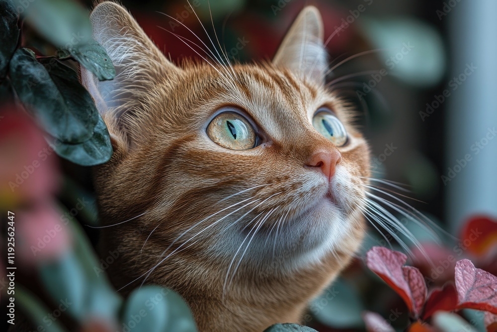 Poster a close-up shot of a curious cat gazing upwards, suitable for use in illustrations or design project