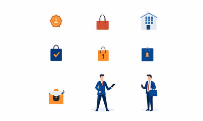 Flat vector illustrations of insurance claims process, depicting various stages, clear visuals of paperwork, assistance, and resolution steps.