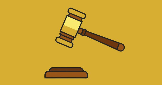 Animation of wooden justice hammer is knocking of a wooden base. The hammer is being used to symbolize the power of the law