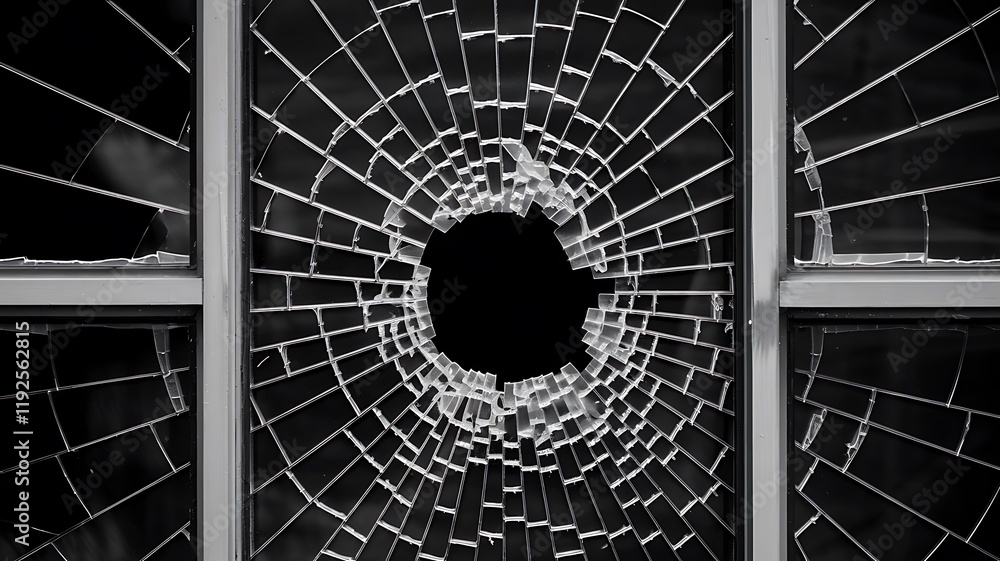 Poster black-and-white photograph of a shattered window, featuring a central void with spiderweb-like crack