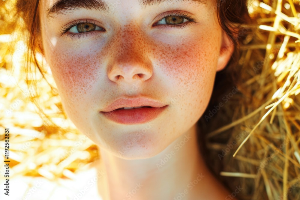 Poster close-up portrait of a woman's face featuring distinctive freckles, ideal for use in personal or com