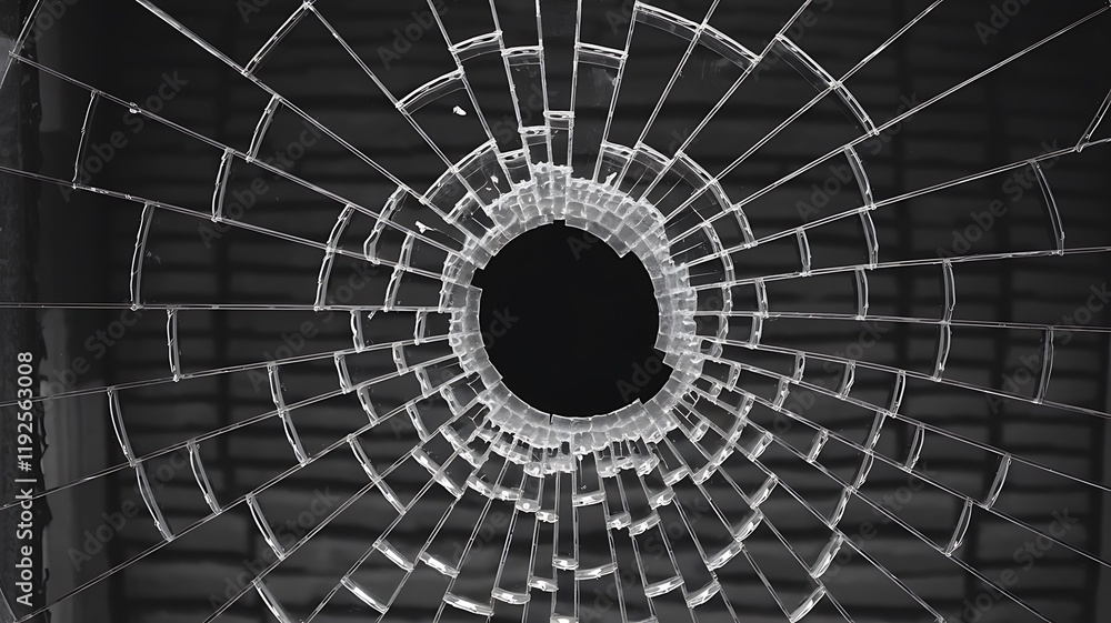 Poster black-and-white photograph of a shattered window, featuring a central void with spiderweb-like crack