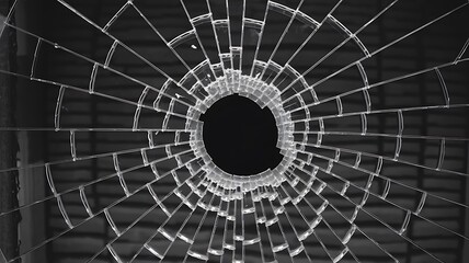Fototapeta premium Black-and-white photograph of a shattered window, featuring a central void with spiderweb-like cracks extending outward. Jagged glass shards and intricate patterns evoke depth