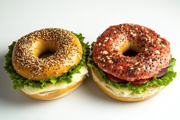 Two bagels stacked together, a creative presentation or snack
