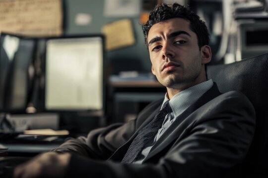 A man in a suit sitting at a desk, ideal for office or corporate use