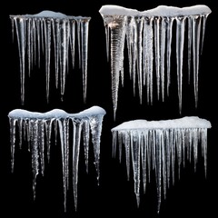 Set of icicles isolated on black background. Elements of design.