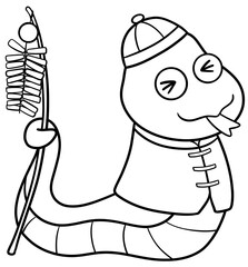 Cartoon Snake Wearing Traditional Chinese Outfit Chinese New Year Symbol outline