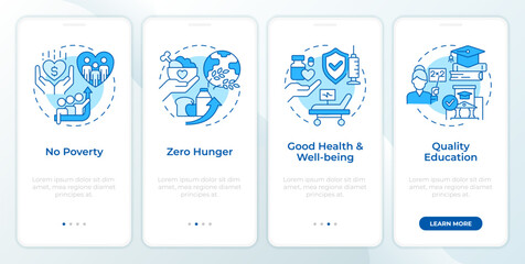 Society development blue onboarding mobile app screen. Walkthrough 4 steps editable graphic instructions with linear concepts. UI, UX, GUI template. Montserrat SemiBold, Regular fonts used