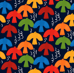 colorful rainbow cute scandi folk art flying birds seamless pattern on black background