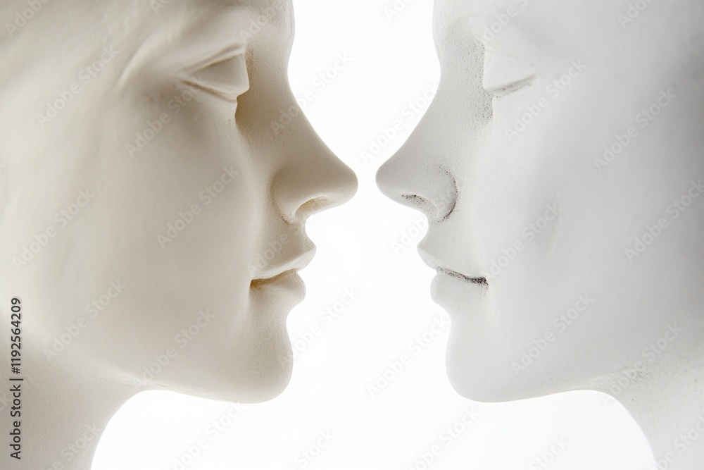 Poster a detailed view of a pair of statues showing two people facing each other