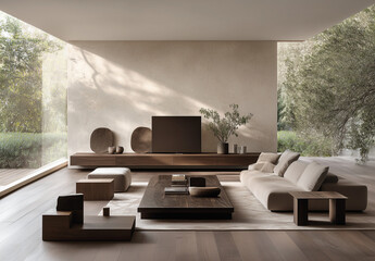 Fototapeta premium A modern living room with minimalist furniture, including an armchair and sofa in brown fabric, a coffee table, a TV stand made of solid wood and metal, decorative plants on the wall