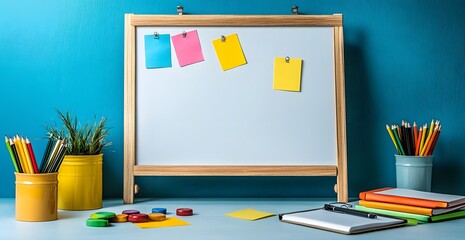 A wooden board with colorful sticky notes and stationery on a desk against a blue wall