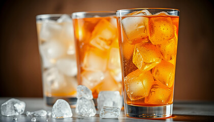 Glasses of energy carbonated soda drink with ice, detailed, with white tones