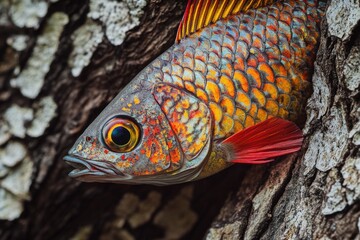 A close-up view of a fish sitting on a tree branch, often used as a decorative or symbolic element