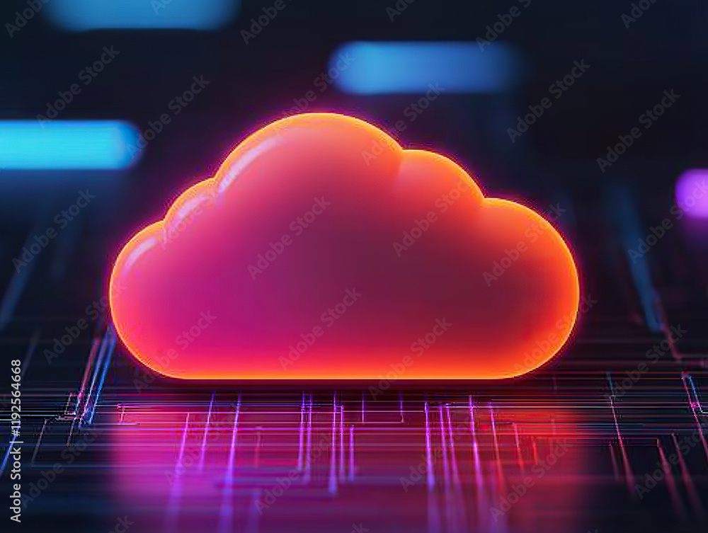 Poster glowing cloud icon representing digital cloud technology and data systems in futuristic environment