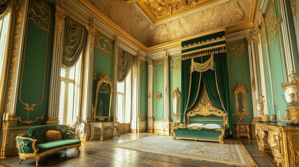 Naklejka premium Elegant green palace bedroom interior and luxurious bed in a historic setting
