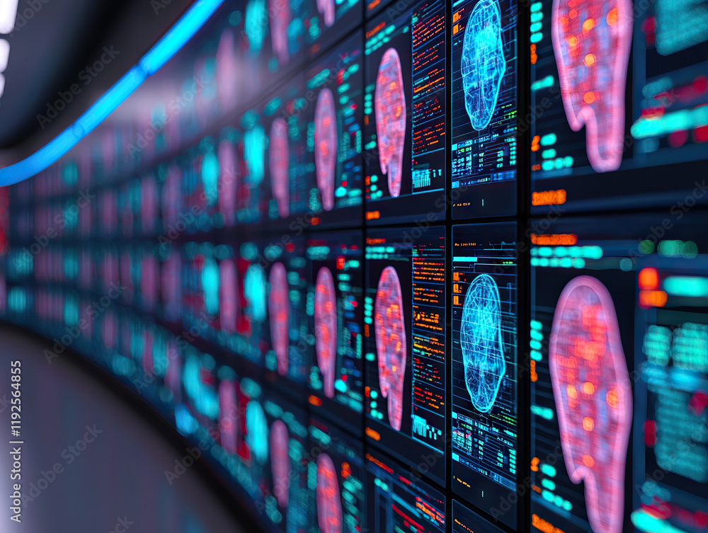 Poster futuristic office with digital screens displaying ai analytics and brain data, showcasing advanced t