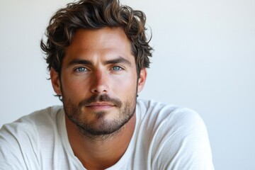 Fototapeta premium A close-up view of a man's upper body, wearing a white shirt