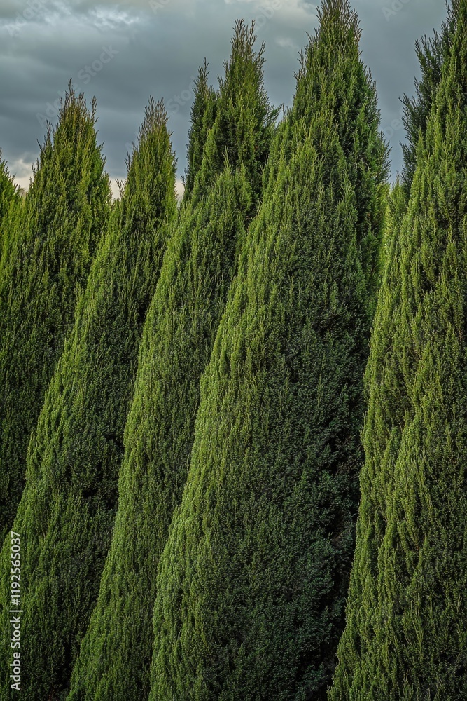 Poster a row of trees with a clock on top, perfect for time-themed concepts or forest settings